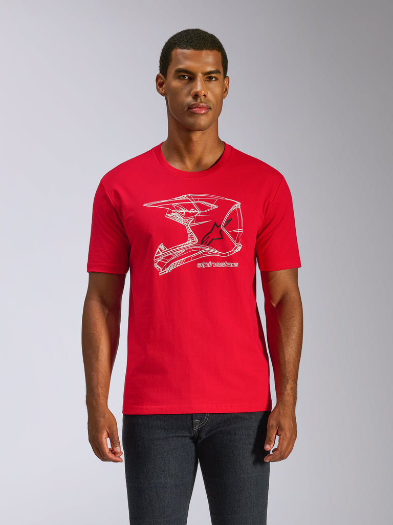 Alpinestars CSF Tee, maglietta a maniche corte, rosso, grafica bianca con casco MX, abbigliamento streetwear casual da motorsport
