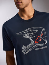 Alpinestars MX Helmet CSF Tee, t-shirt a maniche corte, blu navy, grafica con casco da motocross bianco e logo a stella rossa, abbigliamento sportivo casual da motorsport
