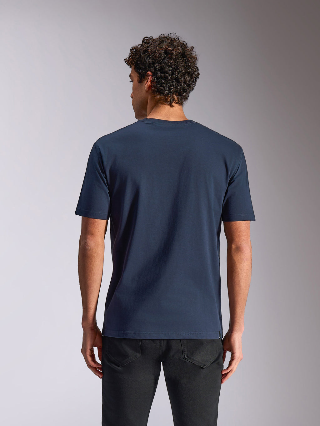 Alpinestars Trifecta CSF Tee, t-shirt a maniche corte, blu navy, vista posteriore su modello, abbigliamento casual motorsport
