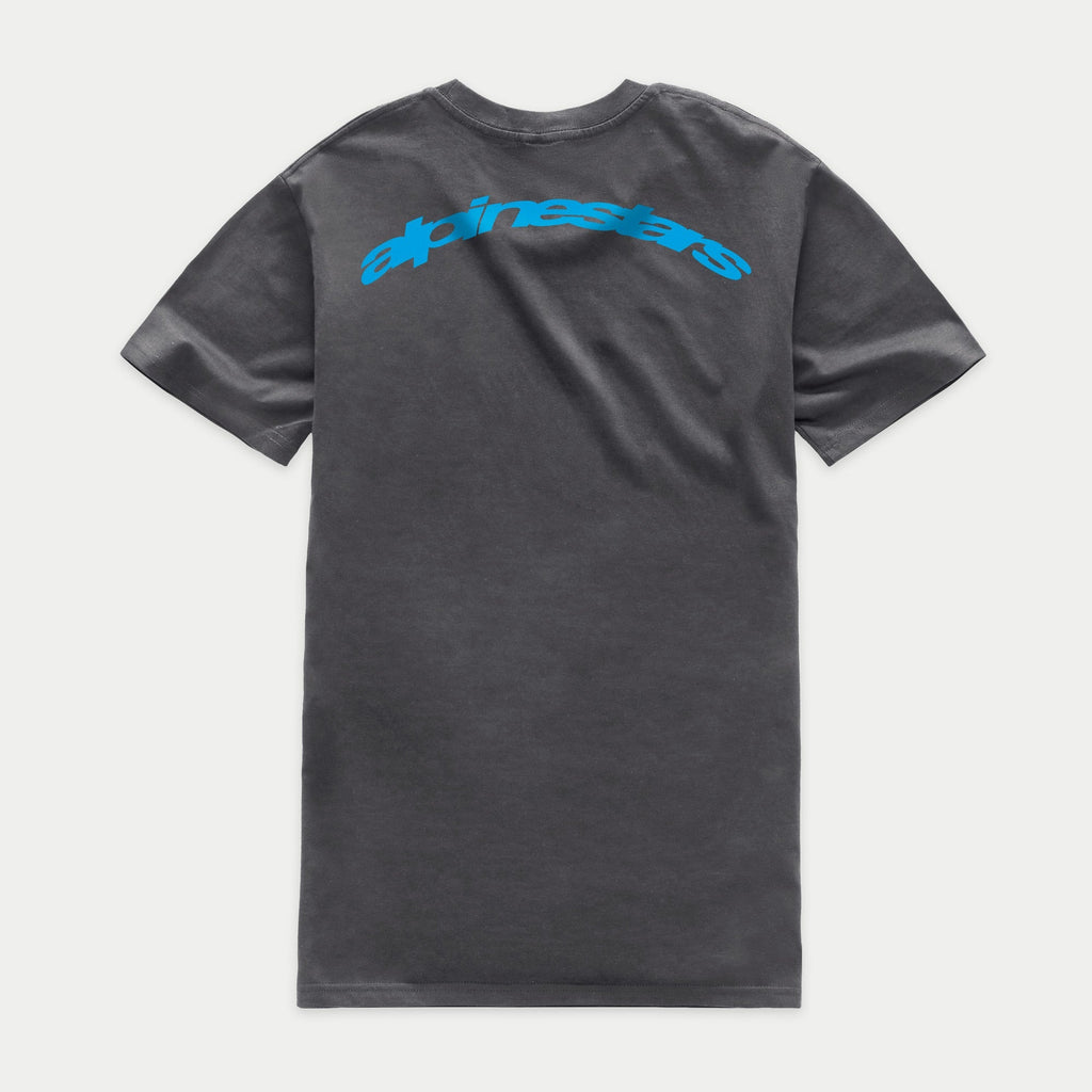 Alpinestars Horizon CSF Tee, t-shirt a maniche corte, grigio antracite, vista posteriore con scritta Alpinestars ad arco blu sulle spalle, abbigliamento sportivo casual