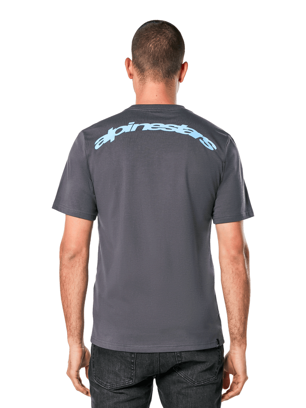 Alpinestars Horizon CSF Tee, t-shirt a maniche corte, grigio antracite, vista posteriore con scritta Alpinestars ad arco in azzurro, abbigliamento sportivo casual