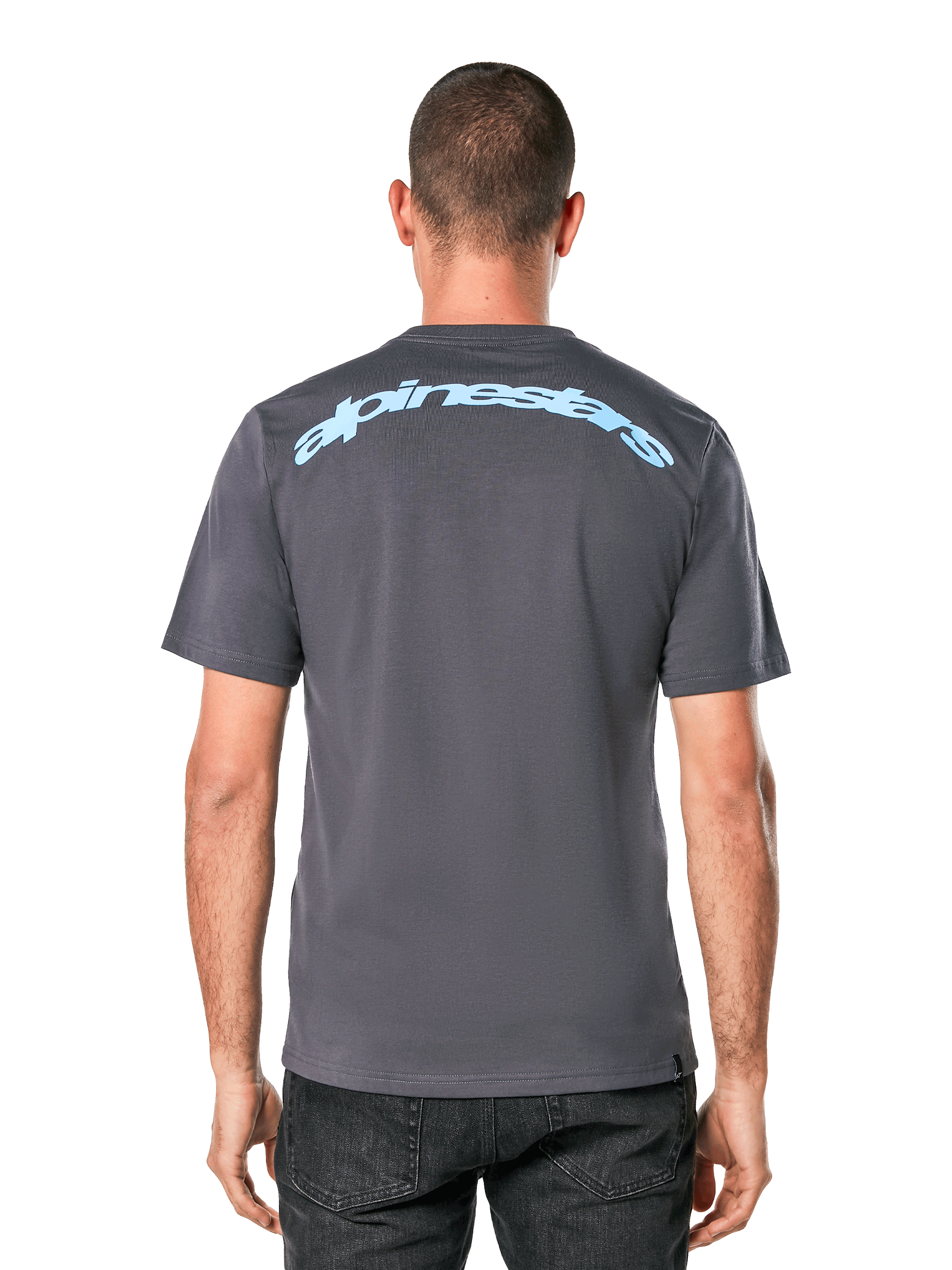 Alpinestars Horizon CSF Tee, t-shirt a maniche corte, grigio antracite, vista posteriore con scritta Alpinestars ad arco in azzurro, abbigliamento sportivo casual