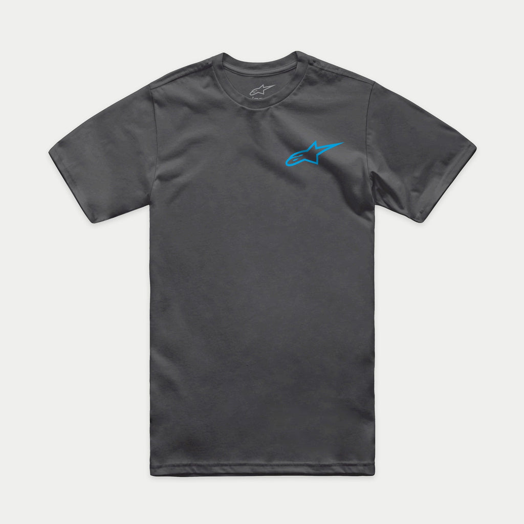 Alpinestars Horizon CSF Tee, t-shirt a maniche corte, grigio antracite con logo Alpinestars Ageless blu, abbigliamento sportivo casual da motorsport