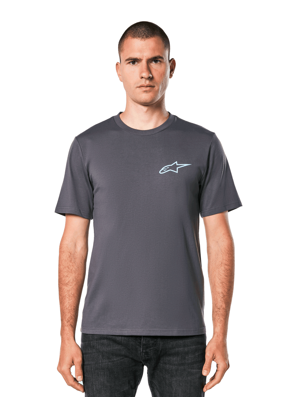 Alpinestars Horizon CSF Tee, t-shirt a maniche corte, grigio scuro, logo Ageless azzurro chiaro sul petto, streetwear casual motorsport