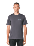 Alpinestars Horizon CSF Tee, t-shirt a maniche corte, grigio scuro, logo Ageless azzurro chiaro sul petto, streetwear casual motorsport