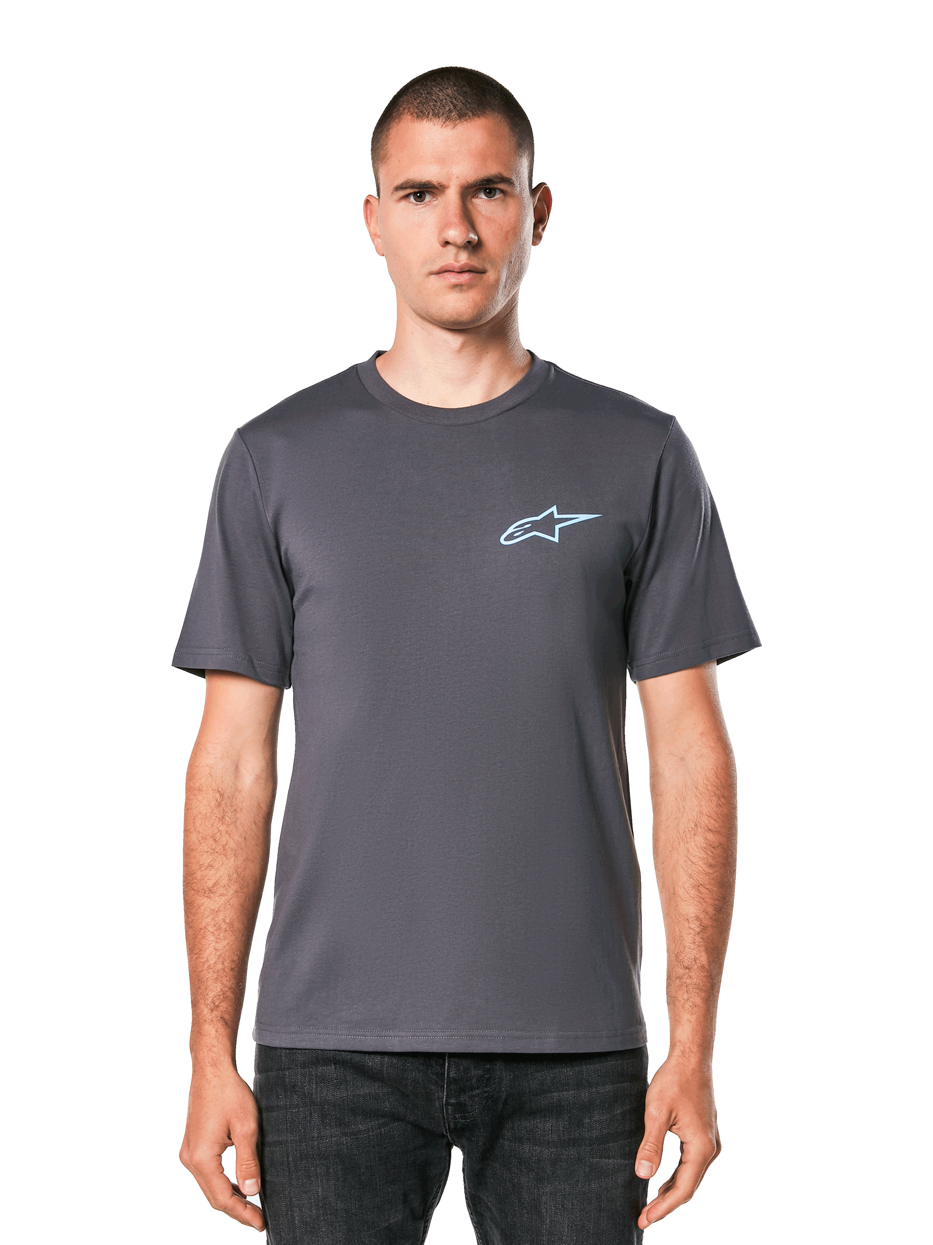 Alpinestars Horizon CSF Tee, t-shirt a maniche corte, grigio scuro, logo Ageless azzurro chiaro sul petto, streetwear casual motorsport