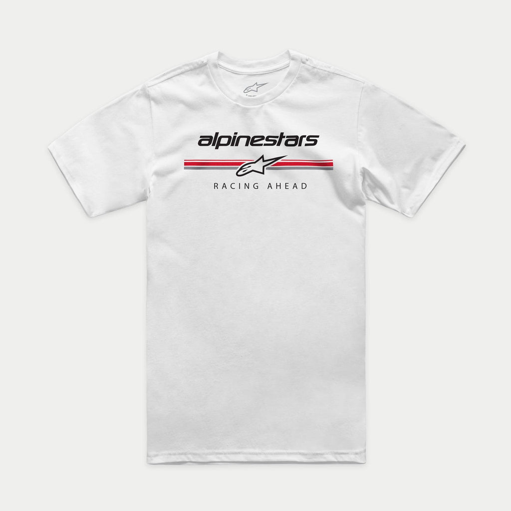 Alpinestars Betteryet CSF Tee, t-shirt a maniche corte, bianco, logo in stile paddock sul petto con strisce rosse e grigie e scritta Racing Ahead, abbigliamento sportivo casual motorsport
