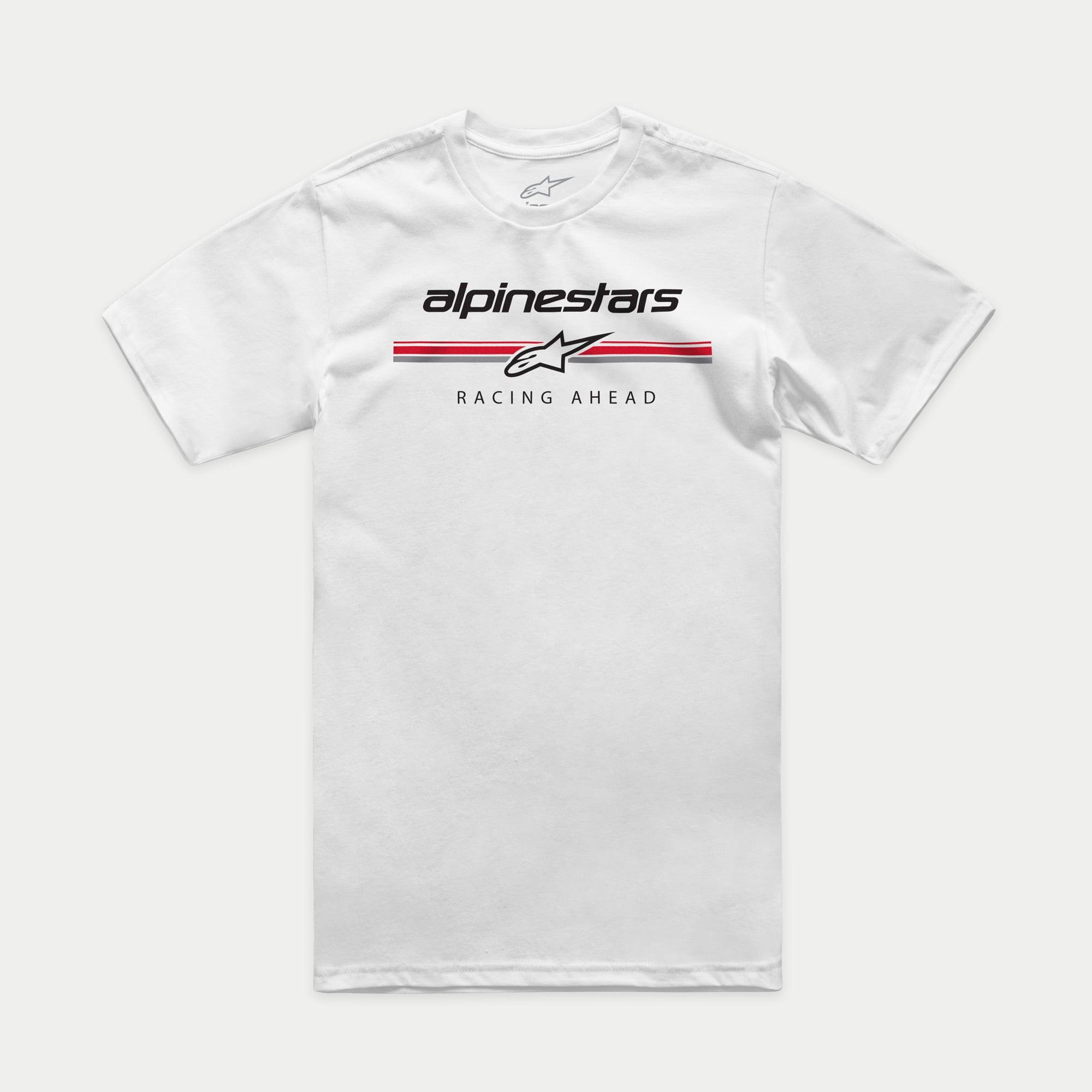 Alpinestars Betteryet CSF Tee, t-shirt a maniche corte, bianco, logo in stile paddock sul petto con strisce rosse e grigie e scritta Racing Ahead, abbigliamento sportivo casual motorsport