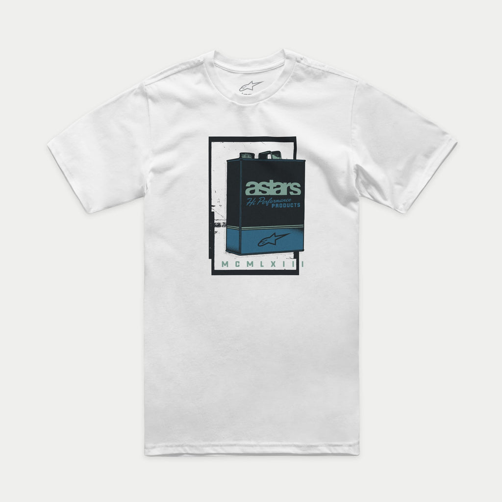 Alpinestars Galun CSF Tee, t-shirt a maniche corte, bianca, con grafica centrale di una lattina di gas vintage, testo 'astars Hi Performance Products' e numeri romani, abbigliamento sportivo casual motorsport
