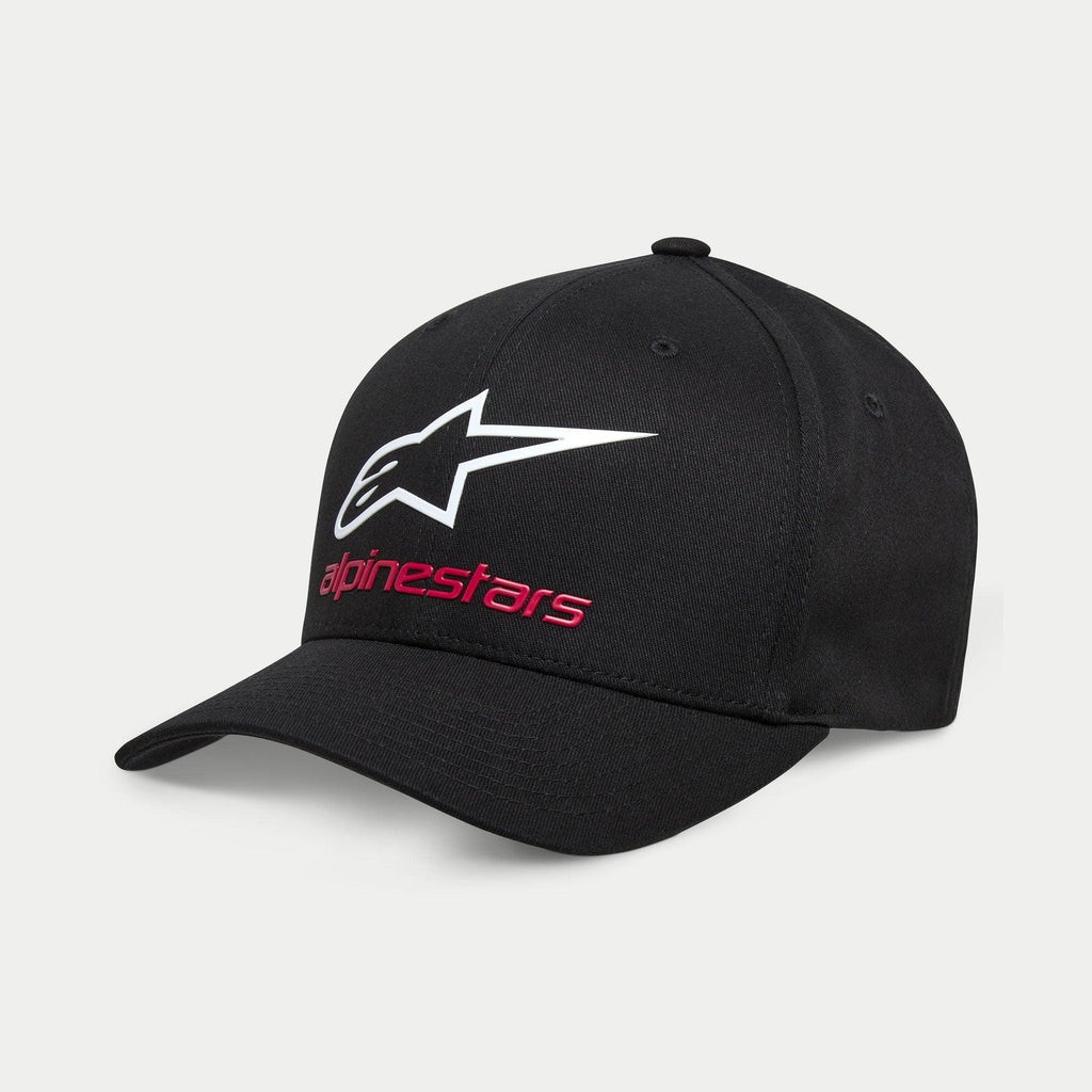 Cappello Alpinestars Always 2.0, berretto da baseball nero, con logo Astars bianco e scritta Alpinestars rossa, corona strutturata con visiera curva, abbigliamento sportivo casual in twill elasticizzato