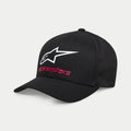 Cappello Alpinestars Always 2.0, berretto da baseball nero, con logo Astars bianco e scritta Alpinestars rossa, corona strutturata con visiera curva, abbigliamento sportivo casual in twill elasticizzato