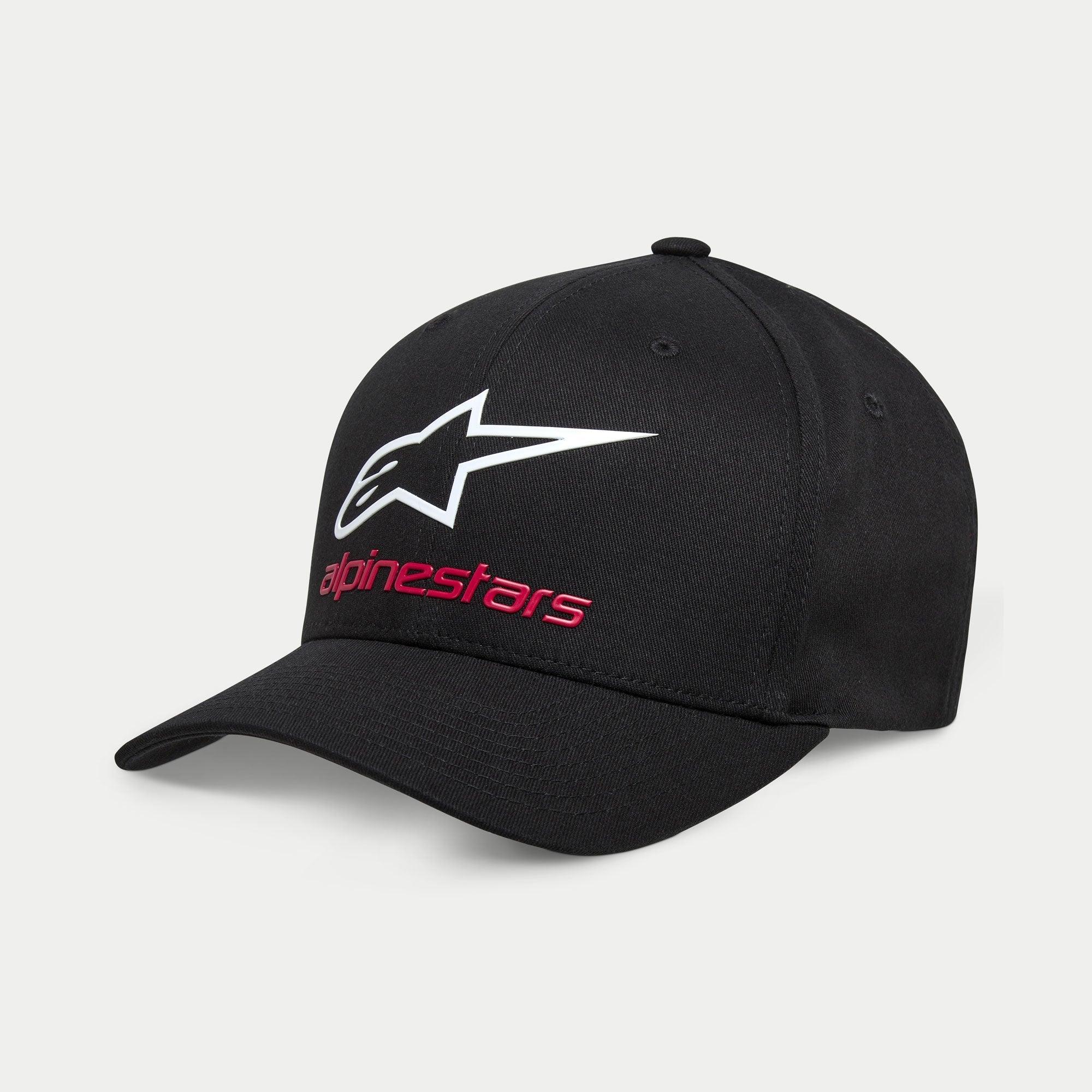 Cappello Alpinestars Always 2.0, berretto da baseball nero, con logo Astars bianco e scritta Alpinestars rossa, corona strutturata con visiera curva, abbigliamento sportivo casual in twill elasticizzato
