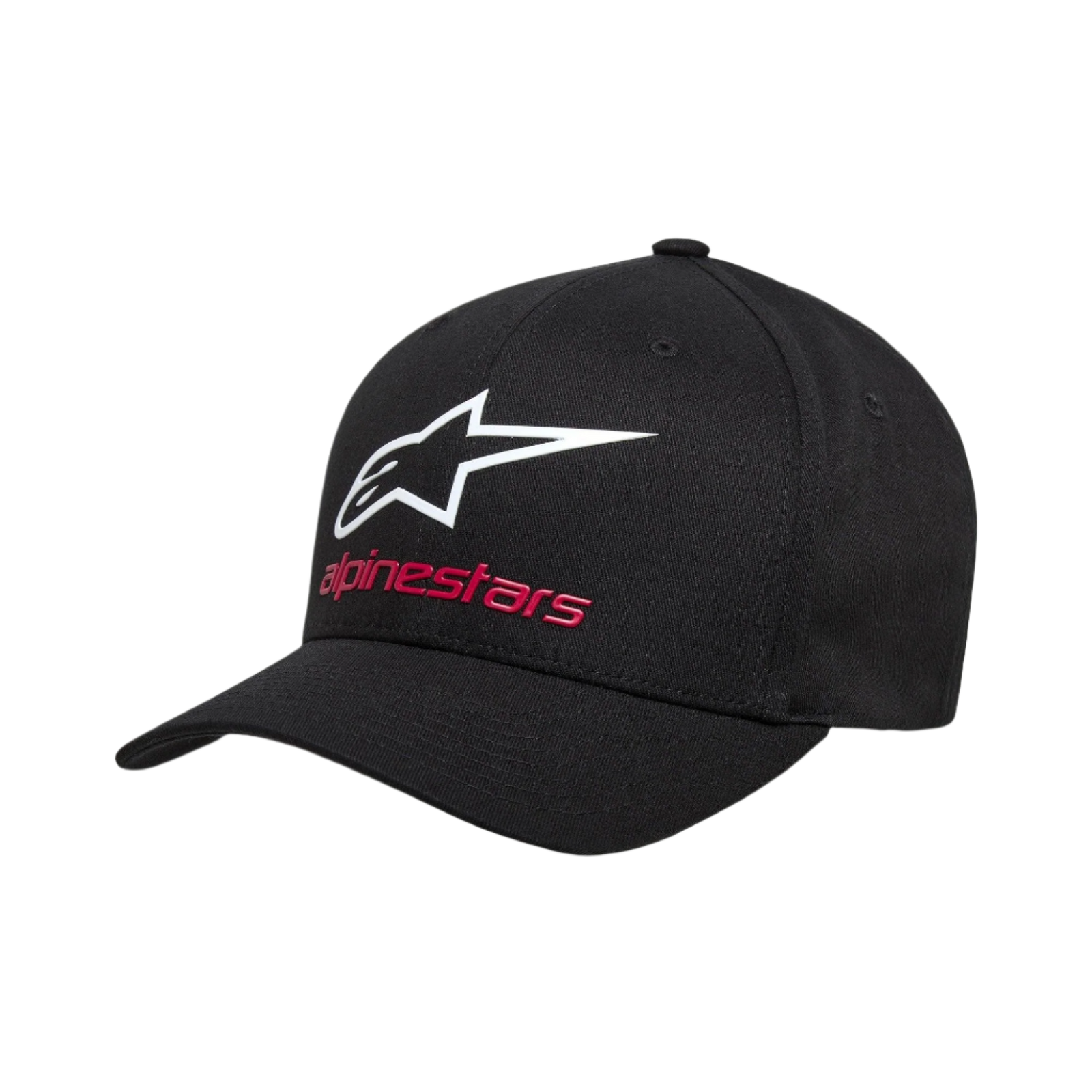 Alpinestars Always 2.0 Hat, Black Baseball Cap, featuring a white Astars logo and red Alpinestars wordmark on the front, structured crown with curved bill, stretch twill fabric, casual motorsport-inspired headwear