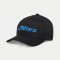 Cappello Alpinestars Blaze 2.0, cappellino da baseball, nero con logo Astars azzurro, visiera curva e corona strutturata, accessorio sportswear casual