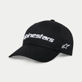 Cappello Alpinestars Linear Wordmark 2.0, nero e bianco, con visiera curva e corona strutturata, logo lineare ricamato in 3D sul davanti e logo a stella sul lato, copricapo casual ispirato al motorsport