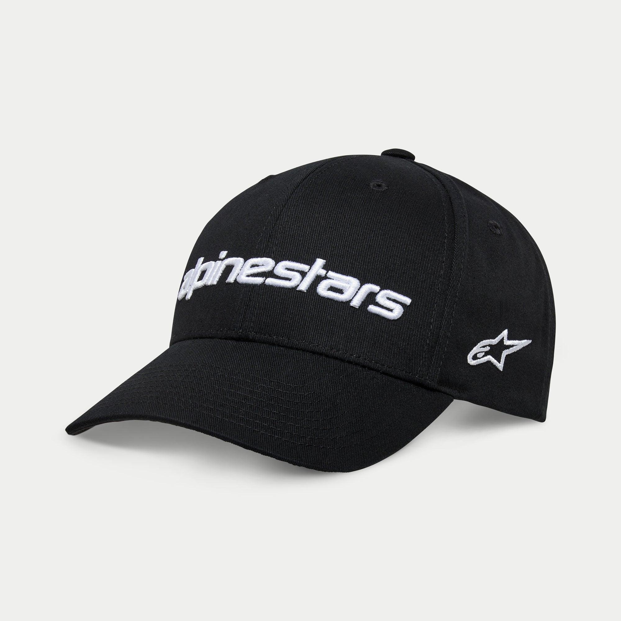 Cappello Alpinestars Linear Wordmark 2.0, nero e bianco, con visiera curva e corona strutturata, logo lineare ricamato in 3D sul davanti e logo a stella sul lato, copricapo casual ispirato al motorsport