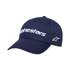 Cappello Alpinestars Linear Wordmark 2.0, blu navy con logo bianco ricamato in 3D, visiera curva, corona strutturata, logo a stella laterale, cappellino sportivo in twill di cotone