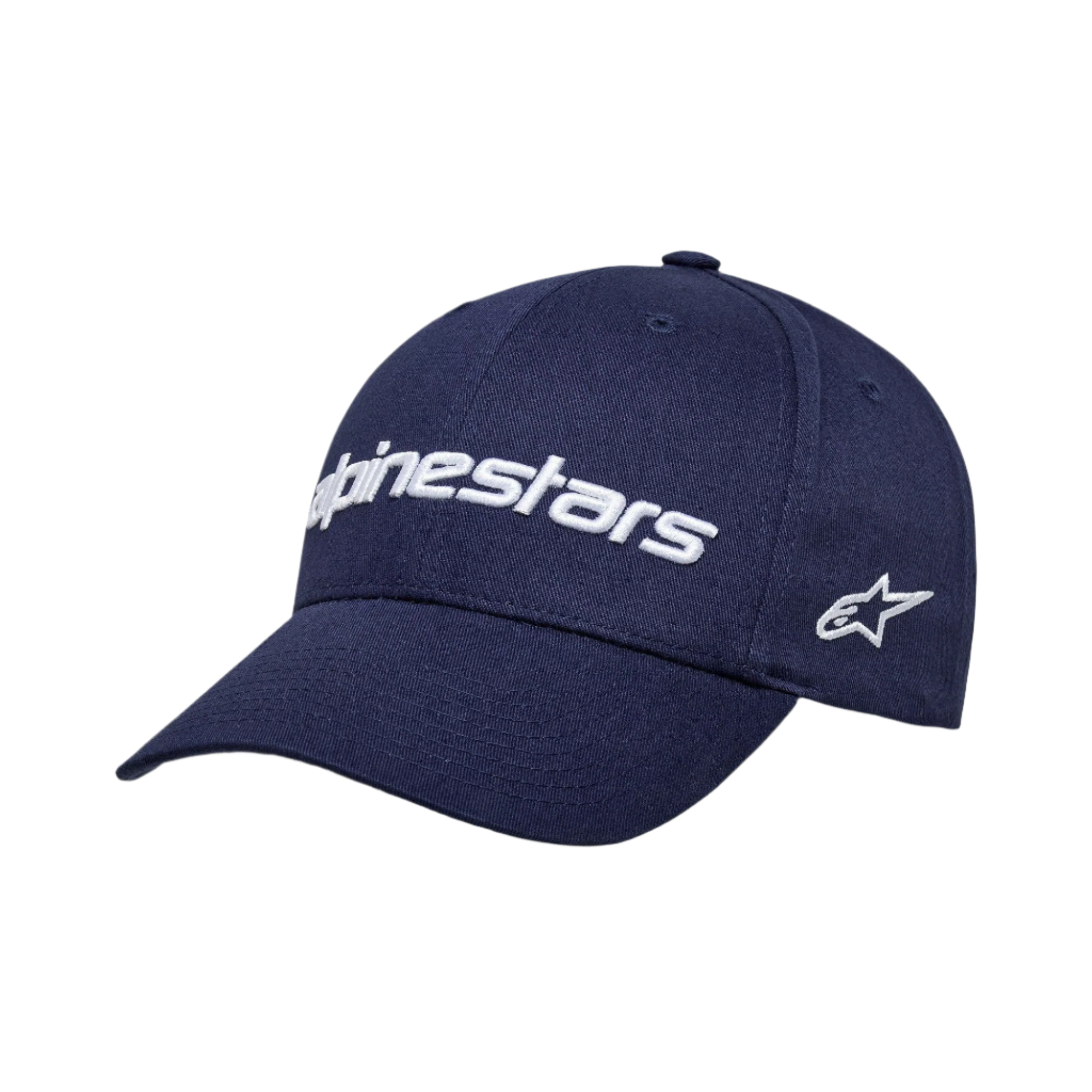 Cappello Alpinestars Linear Wordmark 2.0, blu navy con logo bianco ricamato in 3D, visiera curva, corona strutturata, logo a stella laterale, cappellino sportivo in twill di cotone