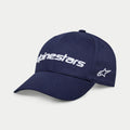 Cappello Alpinestars Linear Wordmark 2.0, blu navy con ricamo bianco, snapback con visiera curva con logo Alpinestars lineare 3D e logo Ageless a stella laterale, abbigliamento sportivo casual