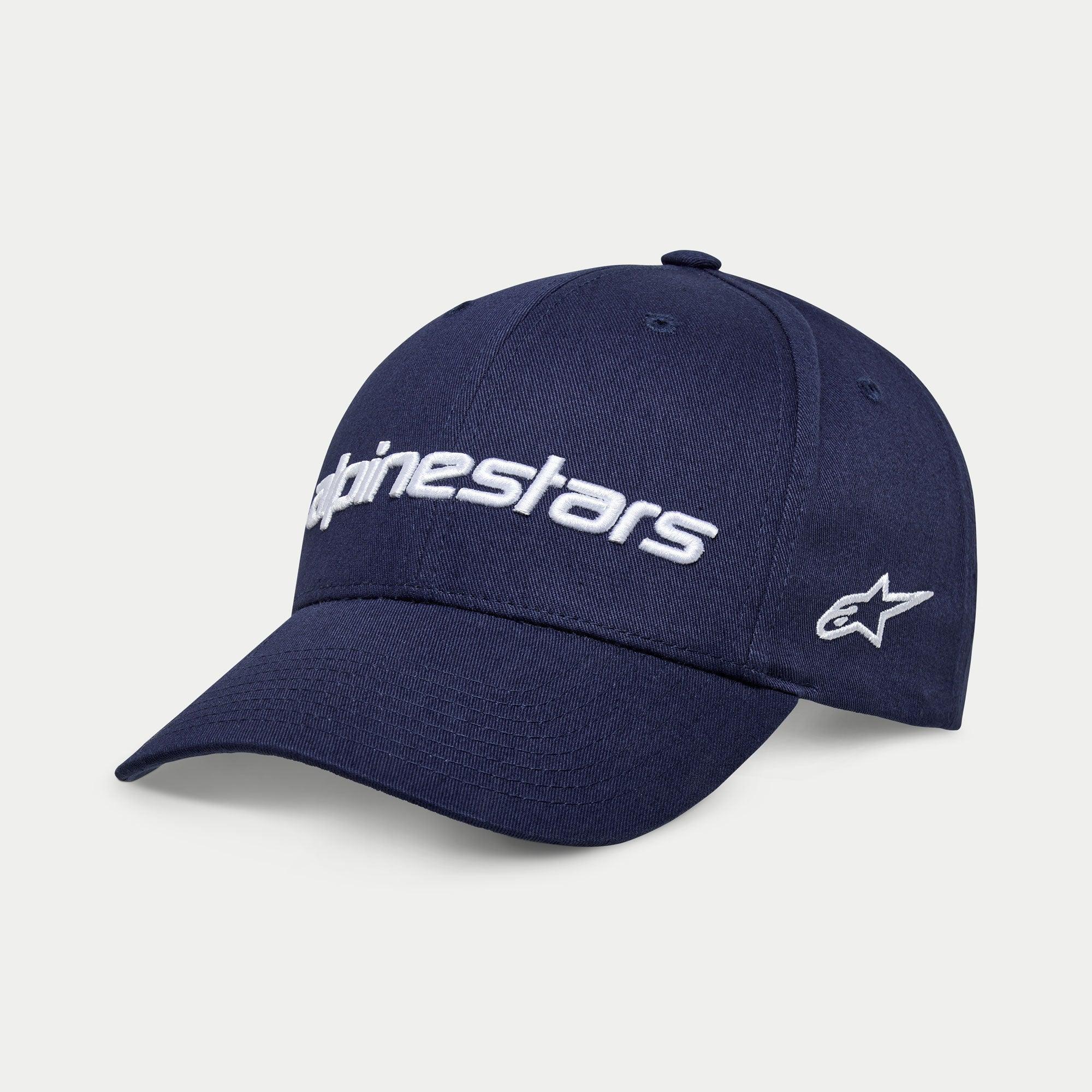 Cappello Alpinestars Linear Wordmark 2.0, blu navy con ricamo bianco, snapback con visiera curva con logo Alpinestars lineare 3D e logo Ageless a stella laterale, abbigliamento sportivo casual