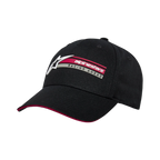Cappello Par Alpinestars, cappellino snapback nero, visiera curva con dettaglio sandwich rosso, ricamo 3D laterale con logo Alpinestars e scritta Racing Ahead, abbigliamento sportivo casual strutturato