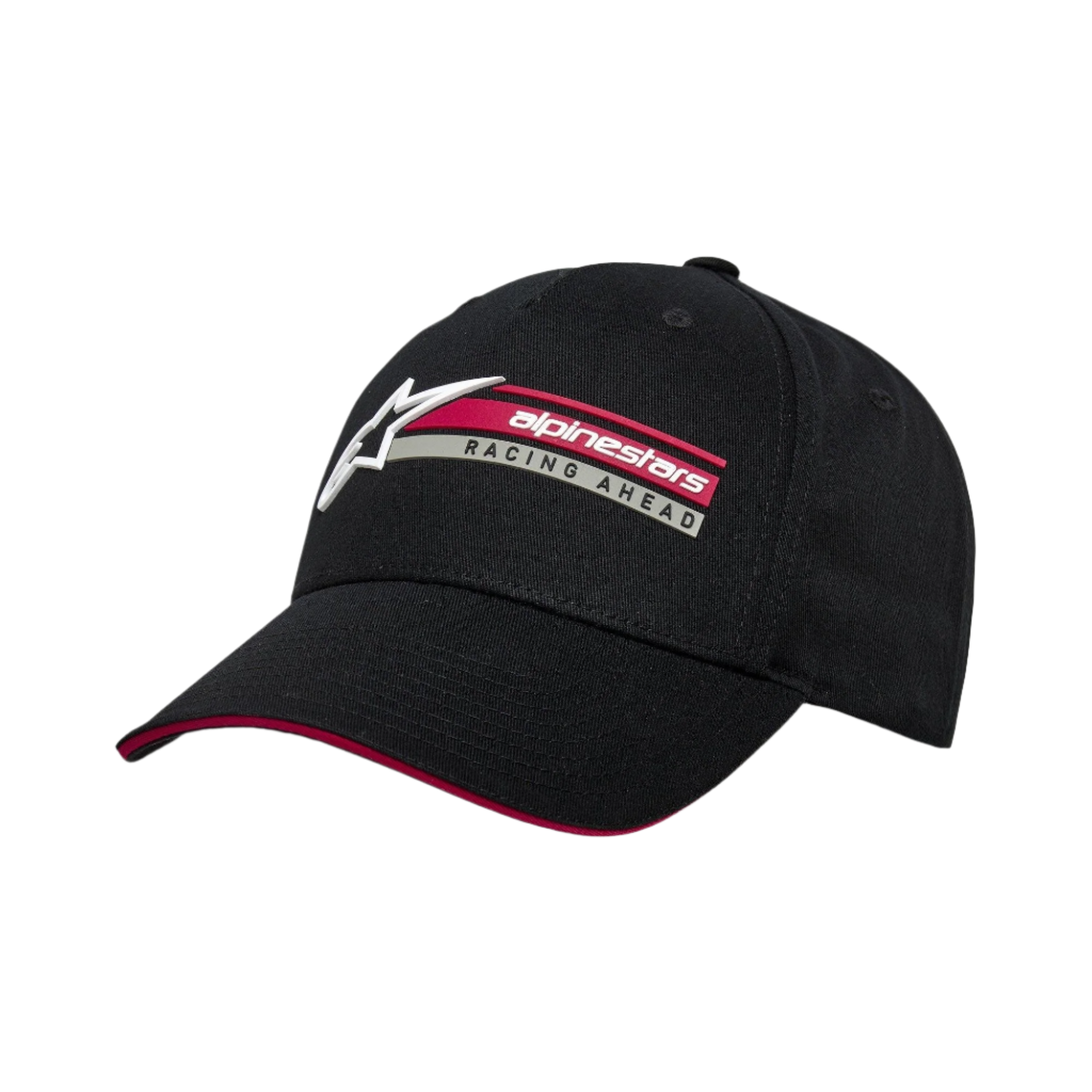 Cappello Par Alpinestars, cappellino snapback nero, visiera curva con dettaglio sandwich rosso, ricamo 3D laterale con logo Alpinestars e scritta Racing Ahead, abbigliamento sportivo casual strutturato