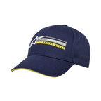 Alpinestars Par Hat, cappellino snapback blu navy, ricamo logo 3D con testo 'RACING AHEAD' giallo, visiera curva con dettaglio sandwich giallo, twill di cotone strutturato, copricapo casual da motorsport