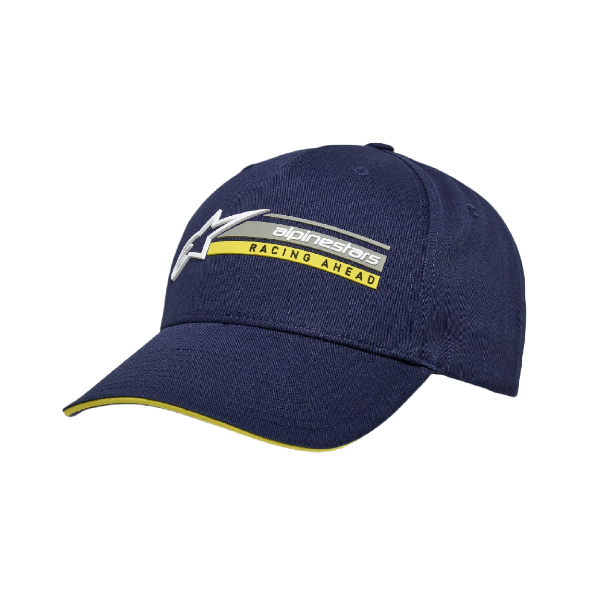 Alpinestars Par Hat, cappellino snapback blu navy, ricamo logo 3D con testo 'RACING AHEAD' giallo, visiera curva con dettaglio sandwich giallo, twill di cotone strutturato, copricapo casual da motorsport