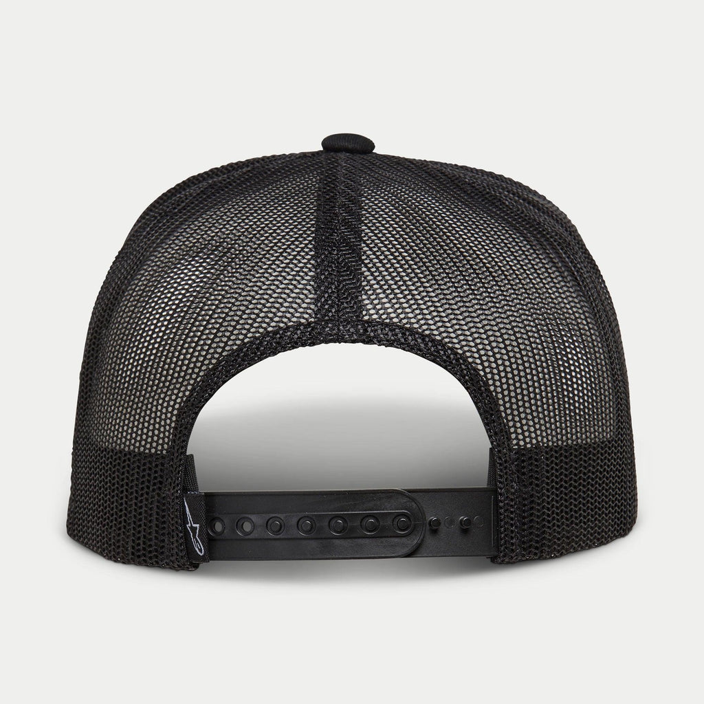 Cappello Alpinestars Ride 4.0 Camo Trucker, nero, vista posteriore con corona in mesh traspirante e cinturino snapback regolabile in plastica con piccola etichetta logo, copricapo casual ispirato al motorsport