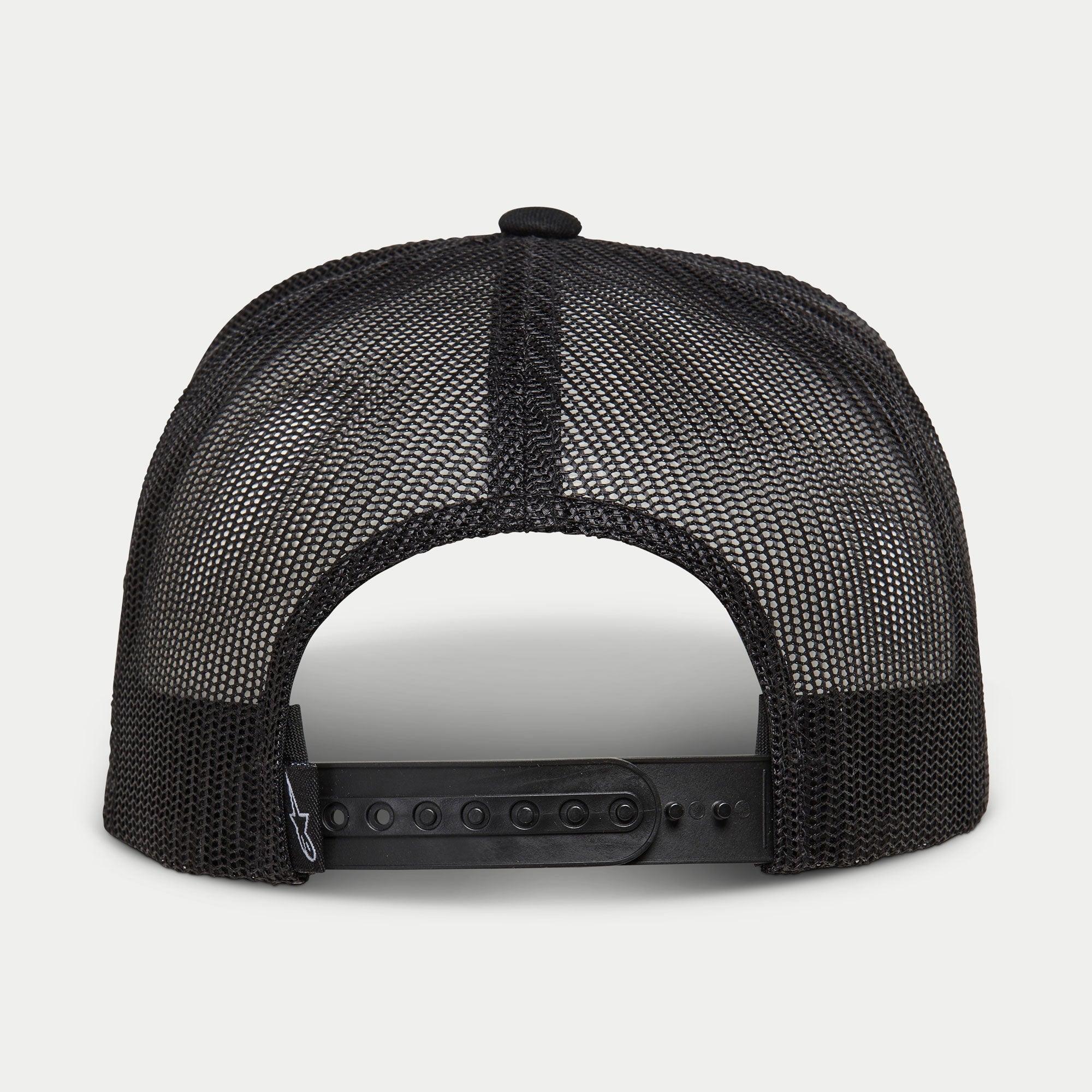 Cappello Alpinestars Ride 4.0 Camo Trucker, nero, vista posteriore con corona in mesh traspirante e cinturino snapback regolabile in plastica con piccola etichetta logo, copricapo casual ispirato al motorsport