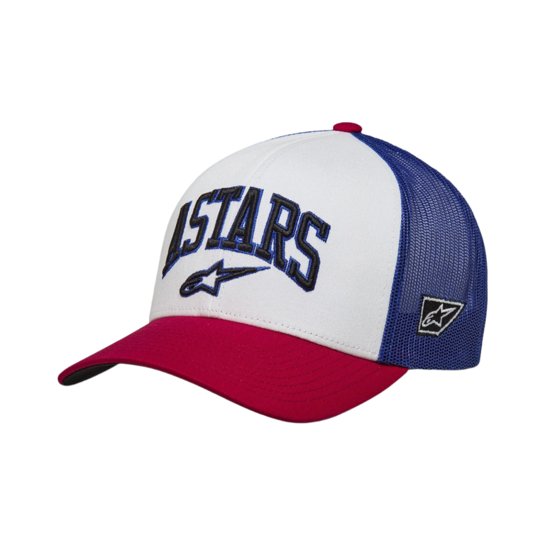 Alpinestars Dunker Trucker Hat, bianco, rosso e blu, visiera curva rossa con pannello frontale bianco e retro in rete blu, presenta ricamo ASTARS 3D sul davanti, copricapo casual ispirato al motorsport