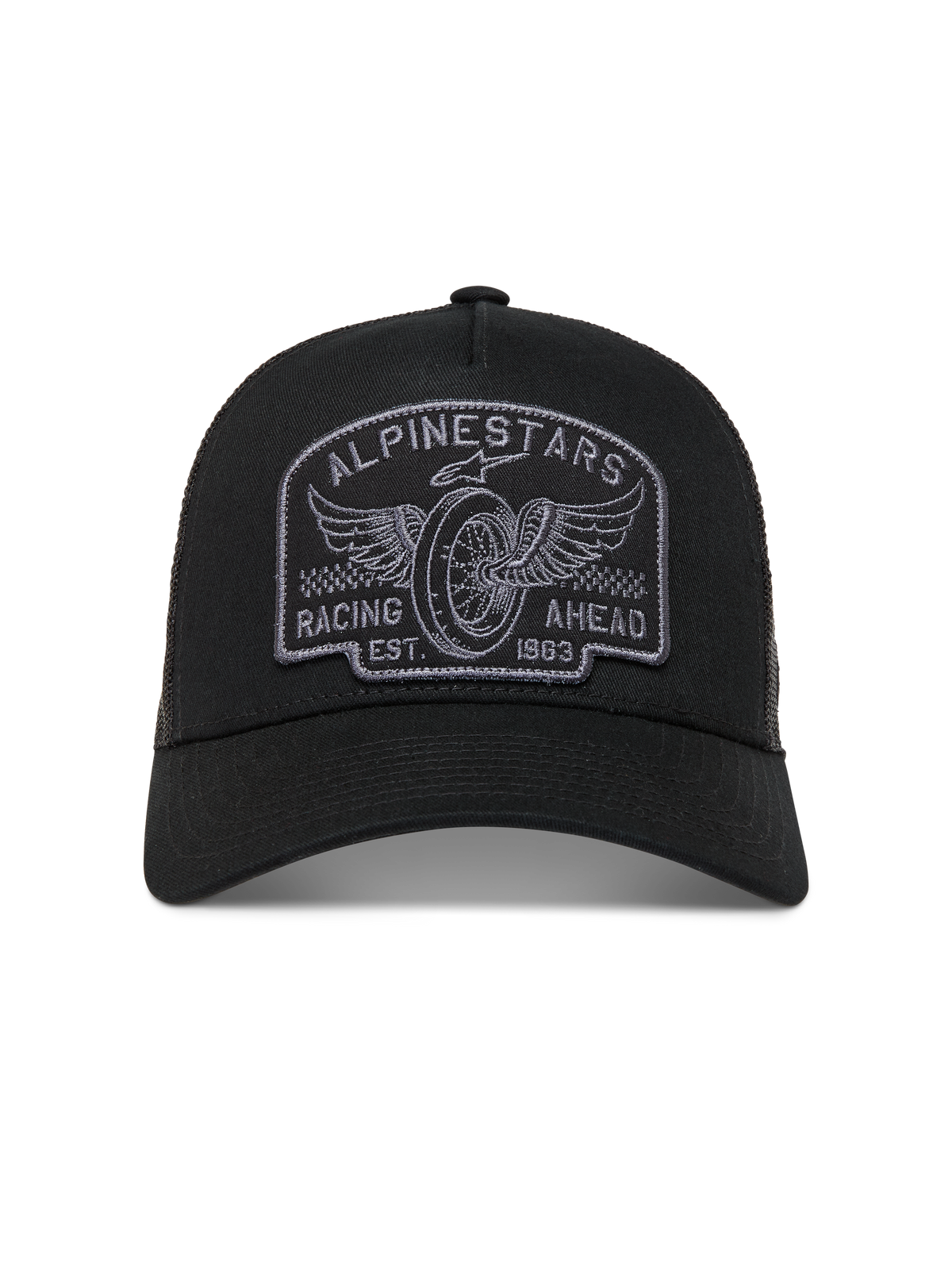 Alpinestars Heritage Patch Cappello Trucker, nero e grigio, visiera curva, retro in rete, patch logo racing ricamata sul fronte, stile casual motorsport