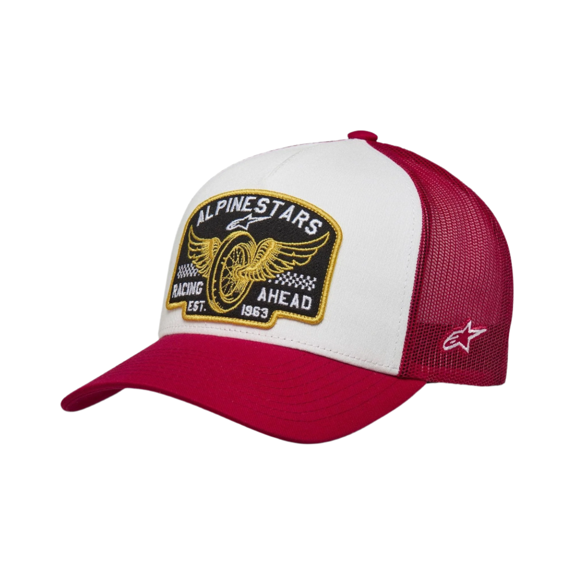 Alpinestars Heritage Patch Trucker Hat, cappello snapback casual, pannello frontale bianco con visiera curva rossa e retro in rete, con una grande patch heritage ricamata sul davanti e un piccolo logo laterale, corona strutturata, copricapo ispirato al motorsport