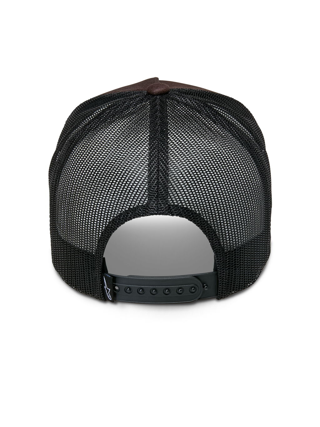 Alpinestars Heritage Patch Trucker Hat, cappello trucker, marrone e nero, vista posteriore con pannelli in rete nera, chiusura snapback regolabile e piccolo dettaglio del logo bianco sul cinturino