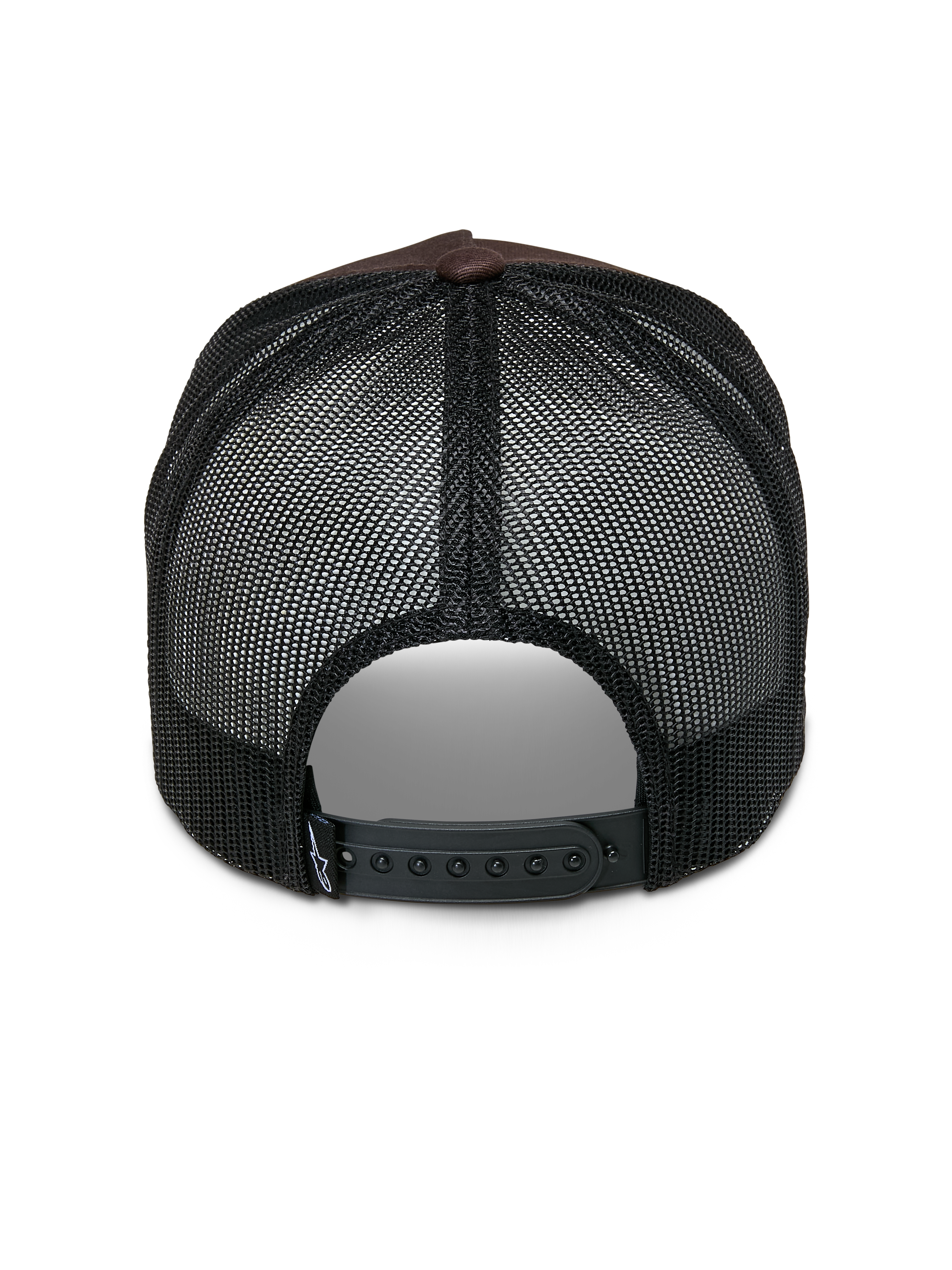 Alpinestars Heritage Patch Trucker Hat, cappello trucker, marrone e nero, vista posteriore con pannelli in rete nera, chiusura snapback regolabile e piccolo dettaglio del logo bianco sul cinturino