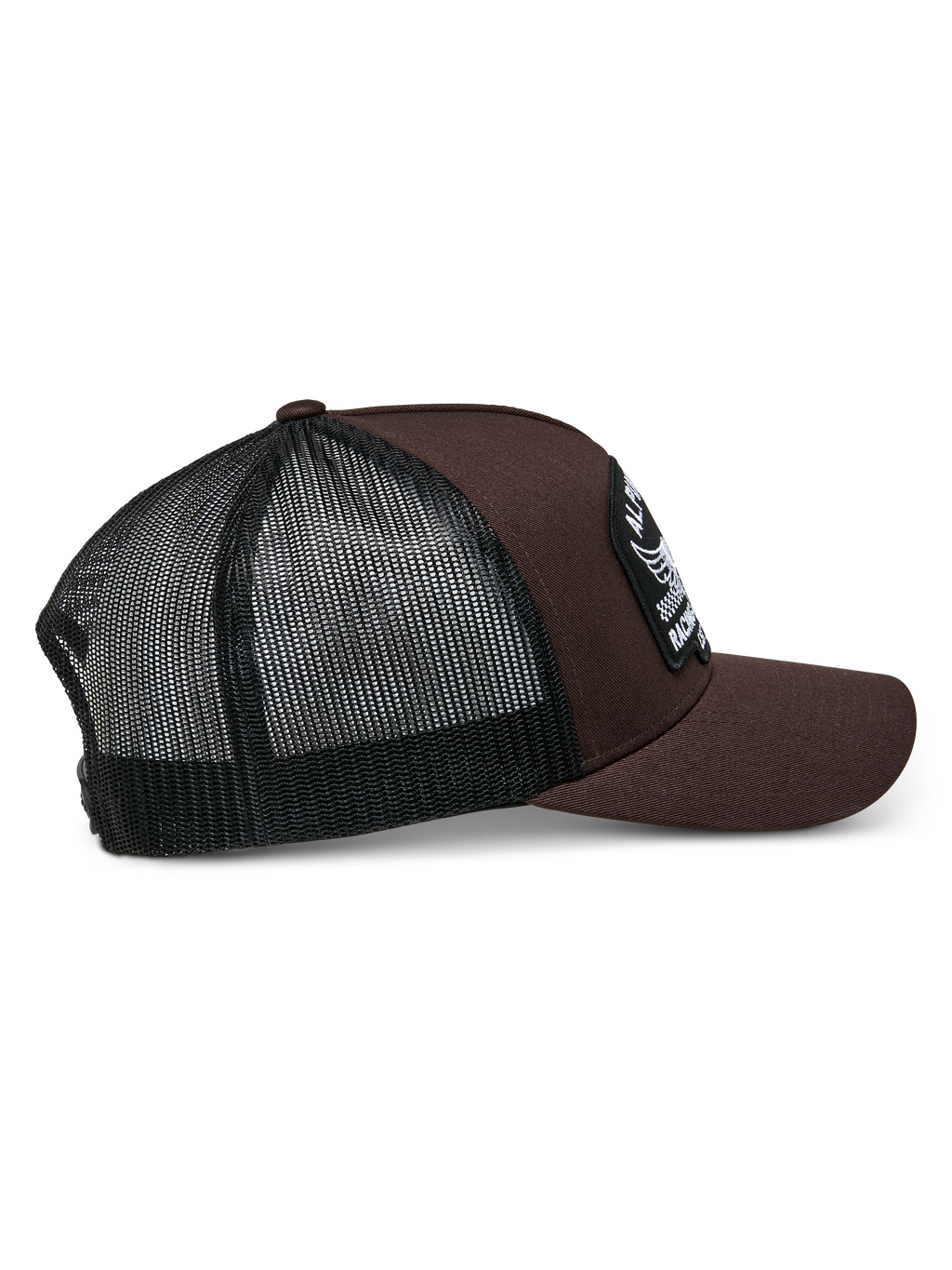 Alpinestars Heritage Patch Trucker Hat, marrone e nero, con corona strutturata e grande patch ricamata, visiera curva e retro in rete nera, design casual ispirato al motorsport