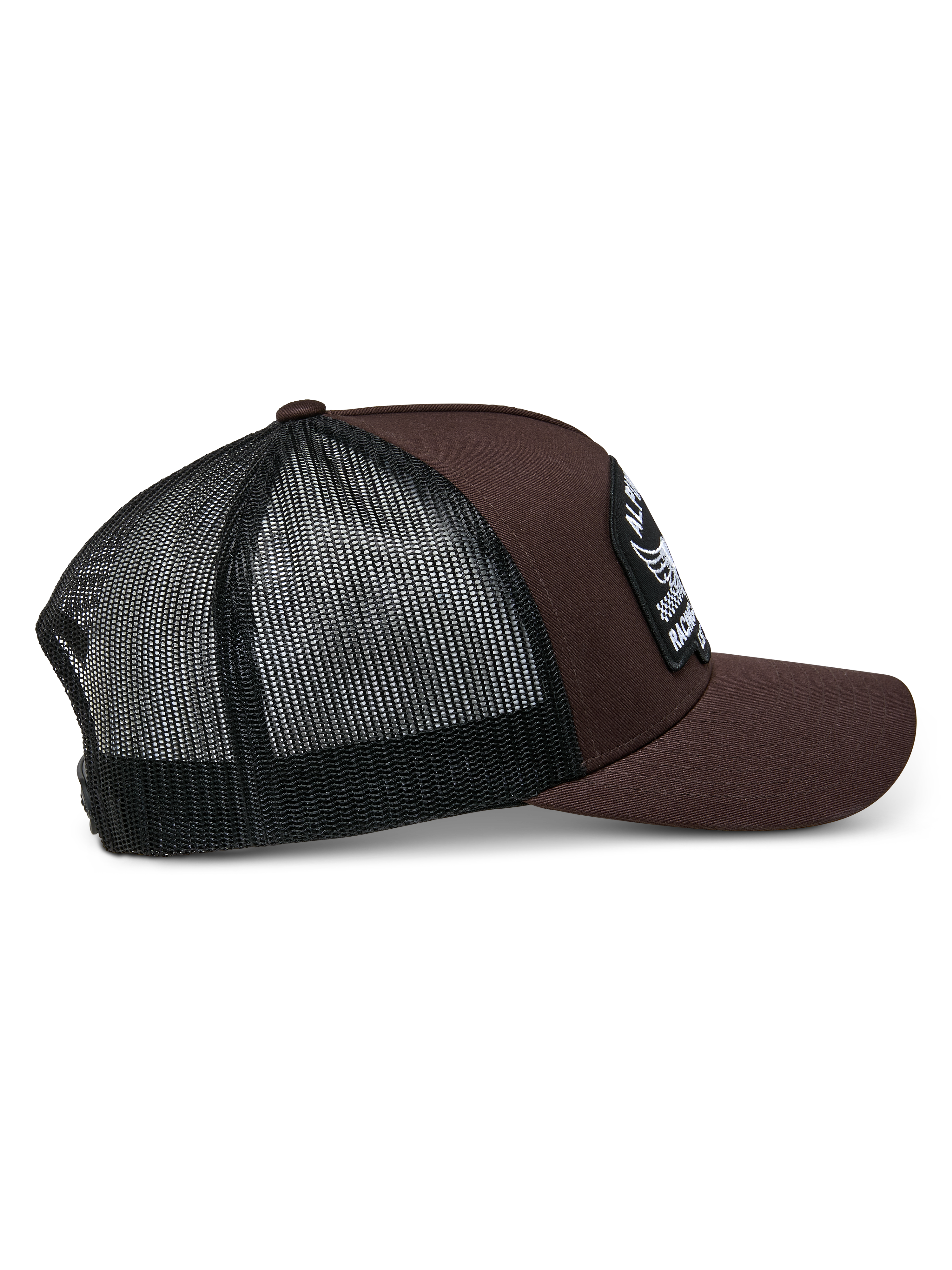Alpinestars Heritage Patch Trucker Hat, marrone e nero, con corona strutturata e grande patch ricamata, visiera curva e retro in rete nera, design casual ispirato al motorsport