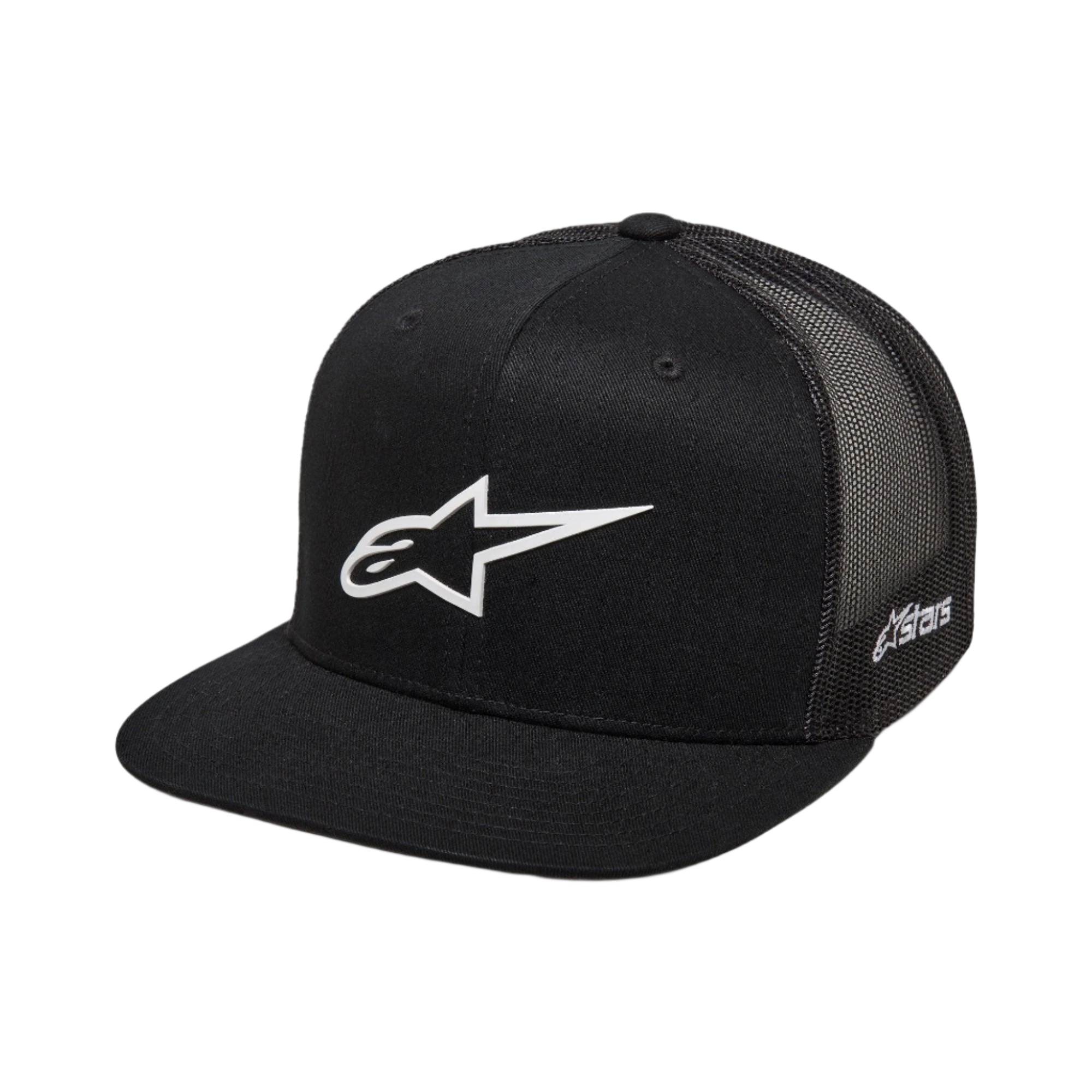 Cappello Alpinestars 3D Ageless Trucker, nero con logo Alpinestars bianco, visiera piatta, corona strutturata, retro in rete nera, abbigliamento sportivo casual ispirato al motorsport
