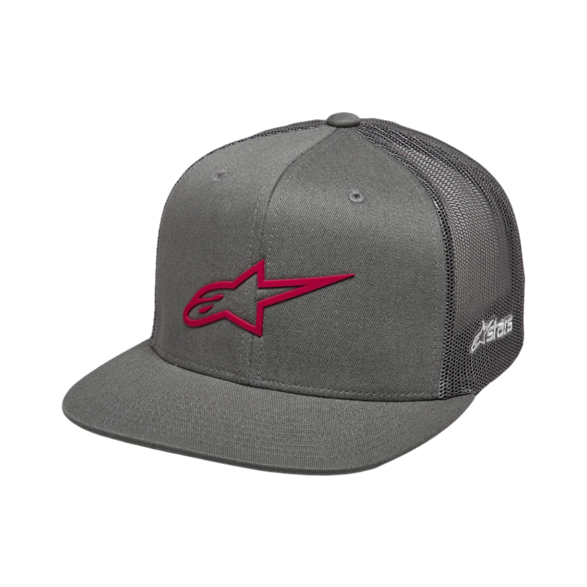 Cappello Alpinestars 3D Ageless Trucker, grigio e rosso, visiera piatta con corona strutturata, parte anteriore in twill e retro in rete, con logo rosso 3D ricamato sul davanti e branding bianco sul lato, copricapo casual da motorsport