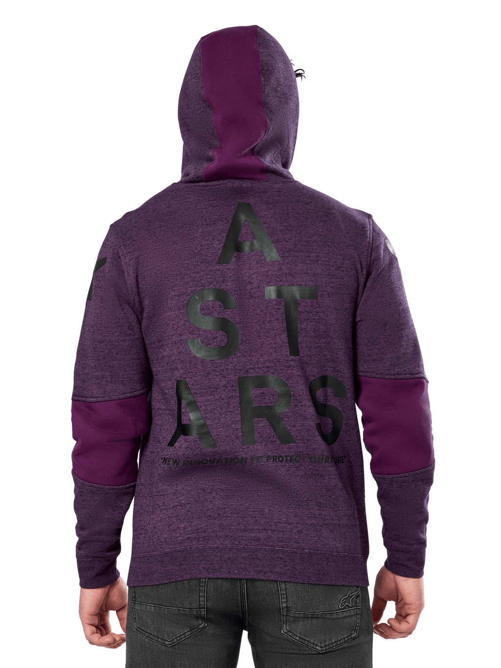 Alpinestars Felpa Perpetuate, felpa in pile mélange viola, vista posteriore con grande grafica nera 'ASTARS' e testo 'NEW INNOVATION TO PROTECT OUR FUTURE', blocchi di colore viola su maniche e cappuccio, design casual ispirato al motorsport