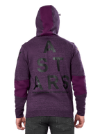 Alpinestars Felpa Perpetuate, felpa in pile mélange viola, vista posteriore con grande grafica nera 'ASTARS' e testo 'NEW INNOVATION TO PROTECT OUR FUTURE', blocchi di colore viola su maniche e cappuccio, design casual ispirato al motorsport