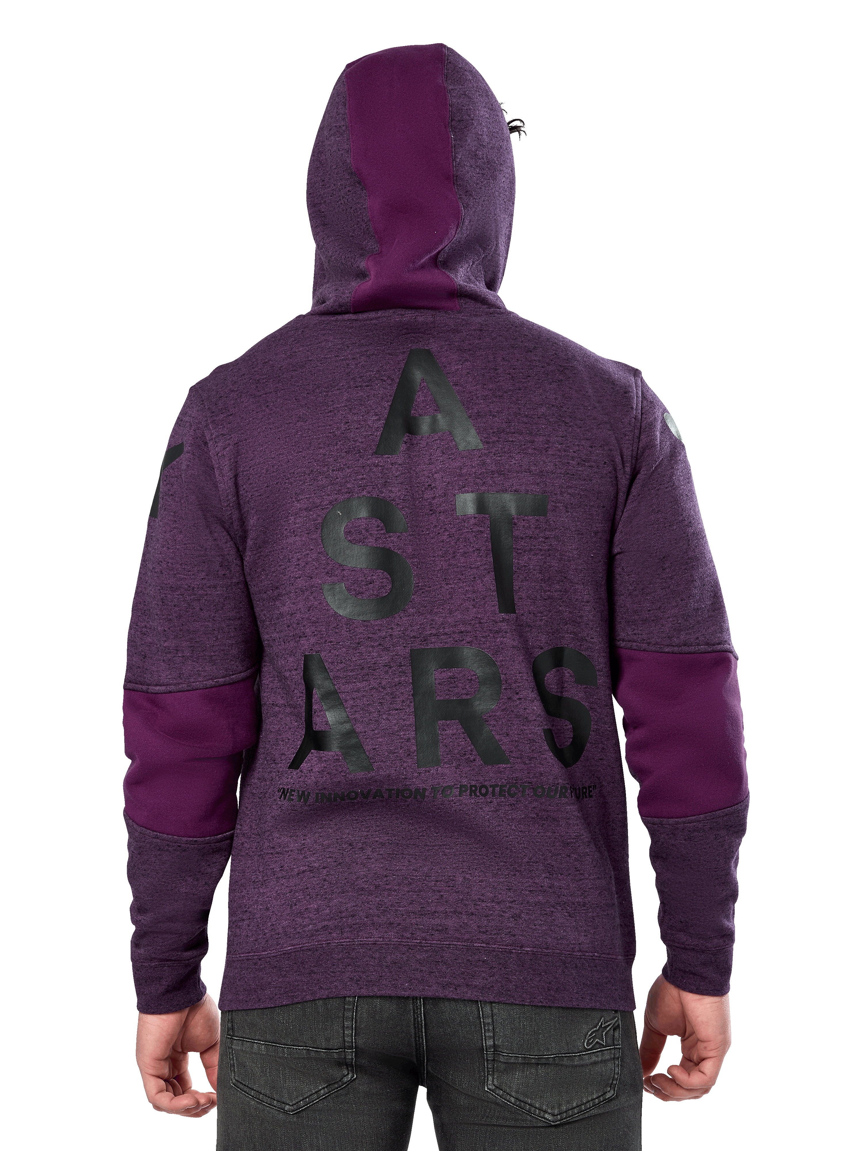 Alpinestars Felpa Perpetuate, felpa in pile mélange viola, vista posteriore con grande grafica nera 'ASTARS' e testo 'NEW INNOVATION TO PROTECT OUR FUTURE', blocchi di colore viola su maniche e cappuccio, design casual ispirato al motorsport