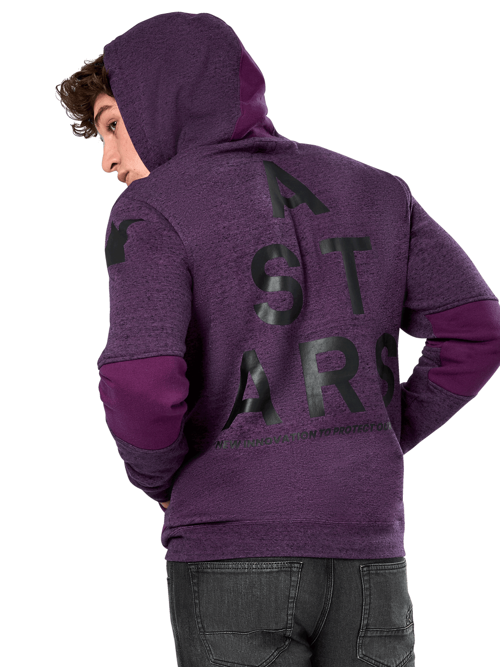 Alpinestars Perpetuate Hoodie, pile viola mélange, vista posteriore con grande grafica nera 'A STARS' e inserti in tessuto viola più scuro su gomiti e cappuccio, streetwear casual ispirato al motorsport
