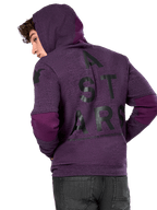 Alpinestars Perpetuate Hoodie, pile viola mélange, vista posteriore con grande grafica nera 'A STARS' e inserti in tessuto viola più scuro su gomiti e cappuccio, streetwear casual ispirato al motorsport