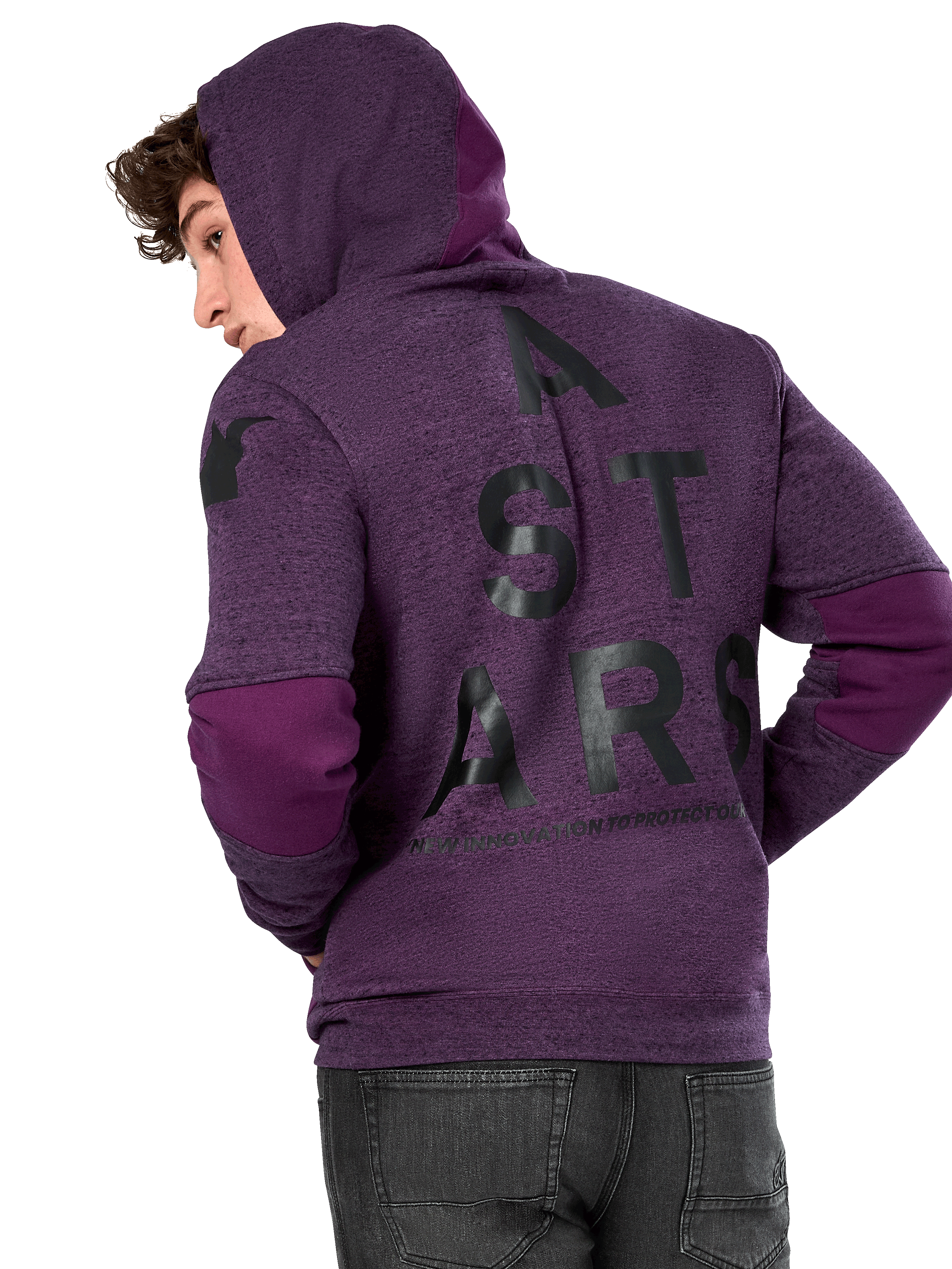 Alpinestars Perpetuate Hoodie, pile viola mélange, vista posteriore con grande grafica nera 'A STARS' e inserti in tessuto viola più scuro su gomiti e cappuccio, streetwear casual ispirato al motorsport