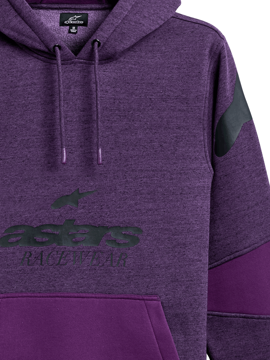 Alpinestars Perpetuate Hoodie, felpa con cappuccio viola mélange, grafica astars RACEWEAR nera sul petto, logo nero sulla spalla, blocchi di tessuto con pannelli viola tinta unita, cappuccio con cordino ed estremità immerse, design casual ispirato al motorsport