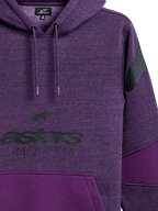 Alpinestars Perpetuate Hoodie, felpa con cappuccio viola mélange, grafica astars RACEWEAR nera sul petto, logo nero sulla spalla, blocchi di tessuto con pannelli viola tinta unita, cappuccio con cordino ed estremità immerse, design casual ispirato al motorsport