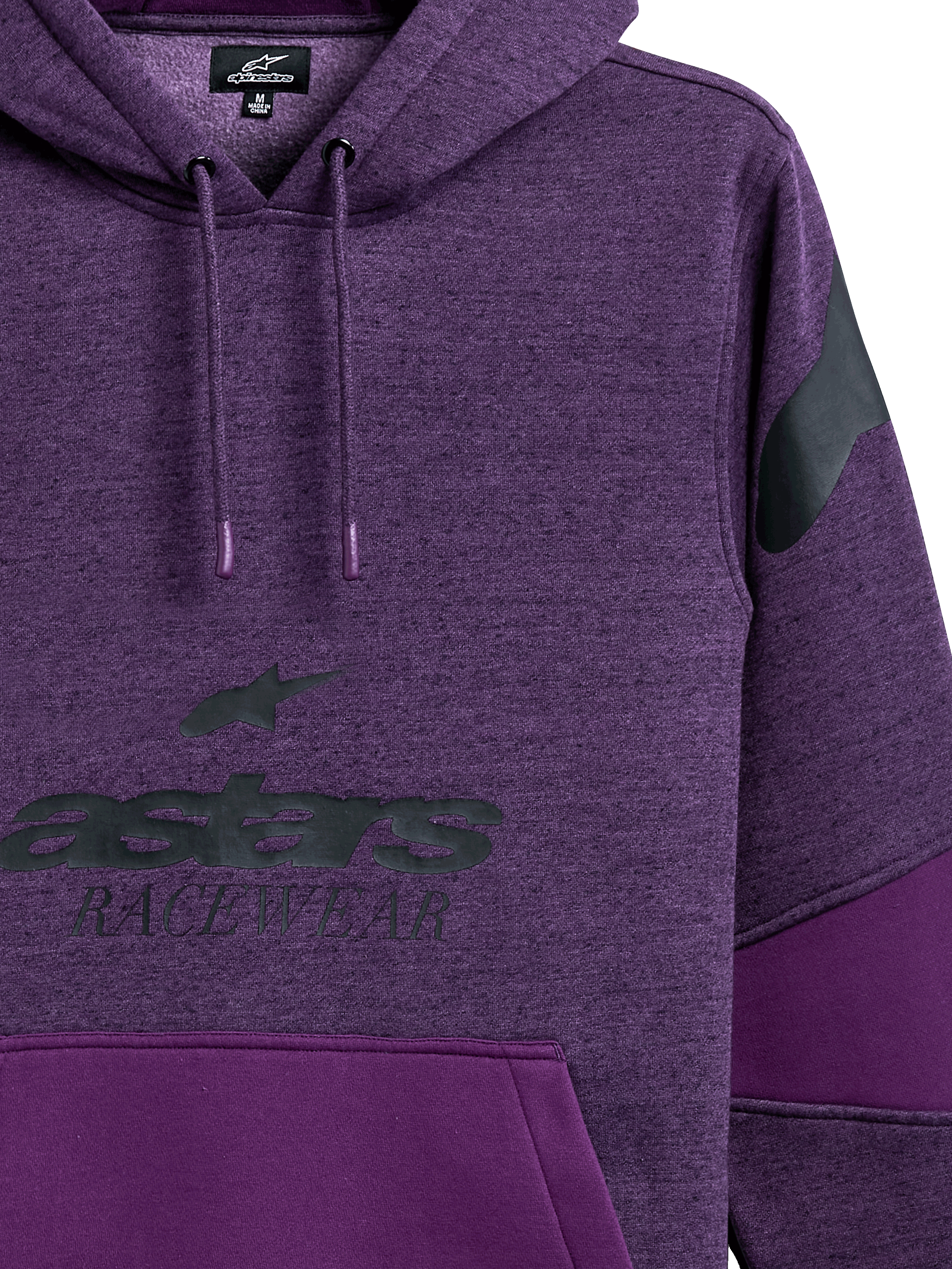 Alpinestars Perpetuate Hoodie, felpa con cappuccio viola mélange, grafica astars RACEWEAR nera sul petto, logo nero sulla spalla, blocchi di tessuto con pannelli viola tinta unita, cappuccio con cordino ed estremità immerse, design casual ispirato al motorsport