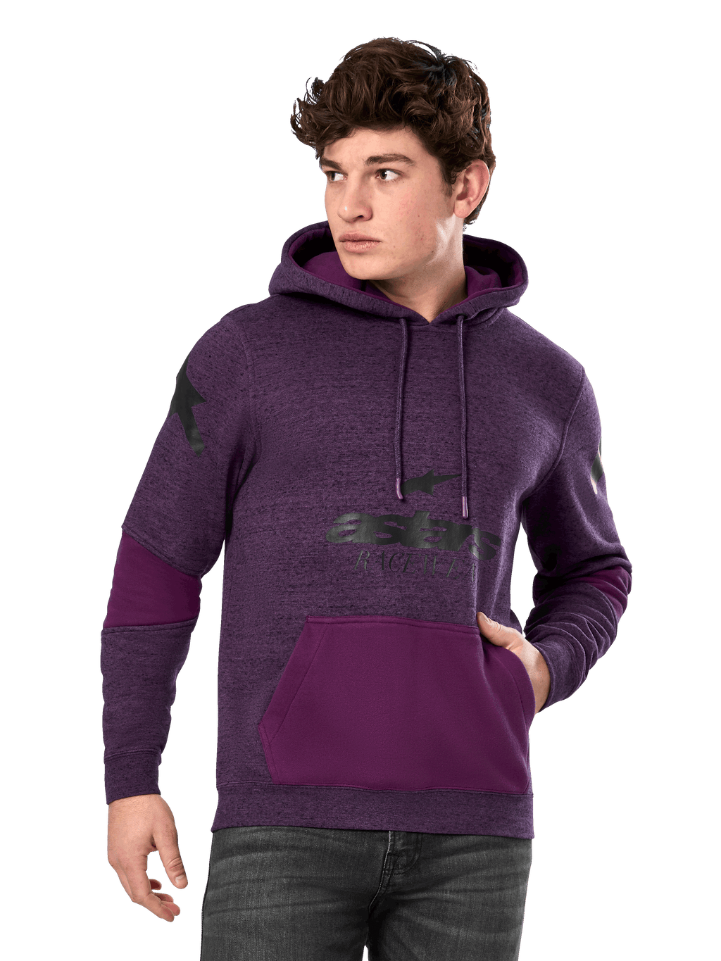 Alpinestars Perpetuate Hoodie, viola mélange e viola scuro, felpa da uomo in pile, grafiche con logo nero, tasca a marsupio, streetwear casual ispirato al motorsport