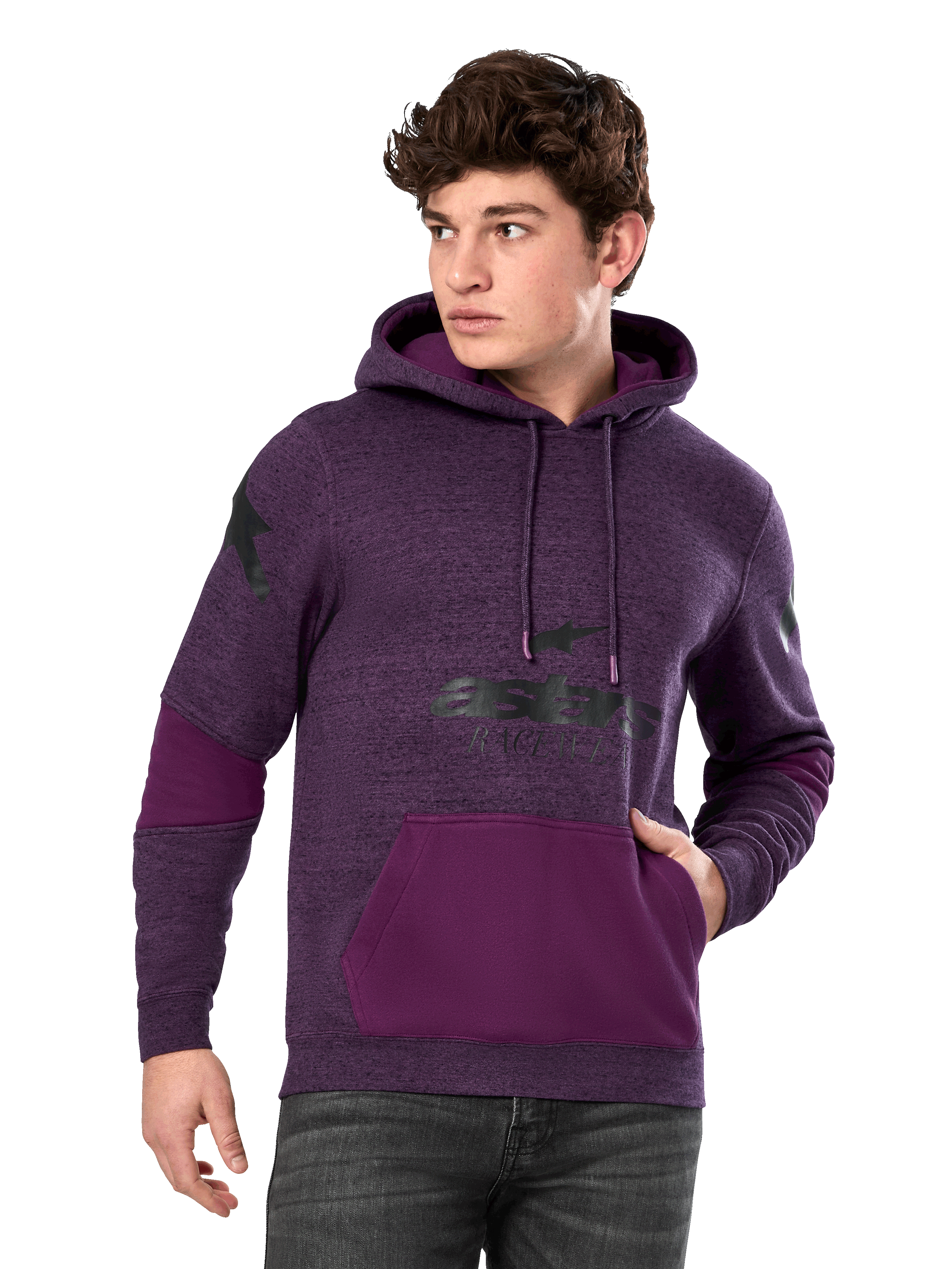 Alpinestars Perpetuate Hoodie, viola mélange e viola scuro, felpa da uomo in pile, grafiche con logo nero, tasca a marsupio, streetwear casual ispirato al motorsport